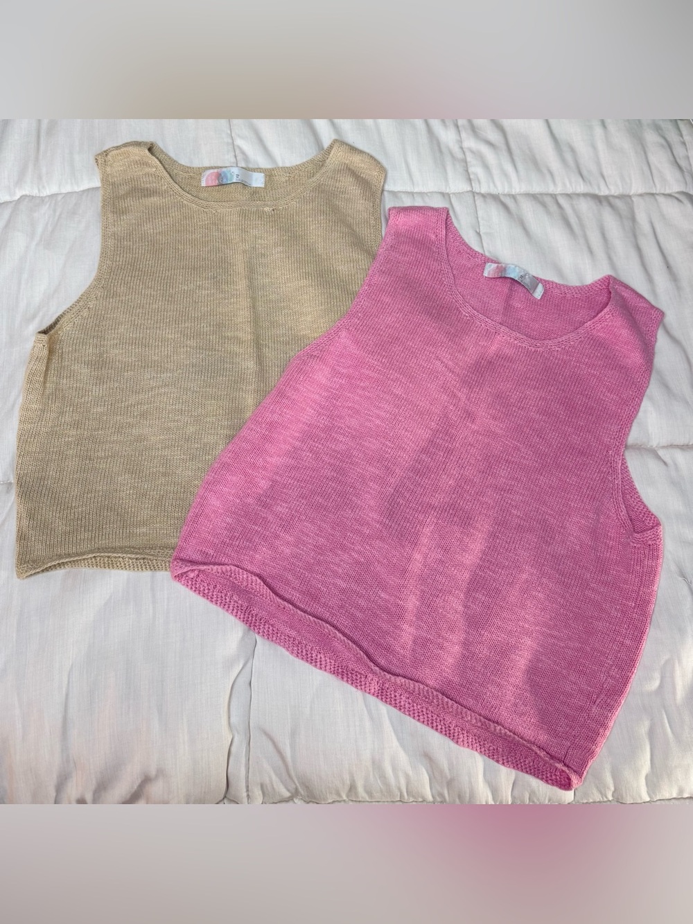 Free people beach cotton knit preppy sleeveless shirts pink  beige classic XS
